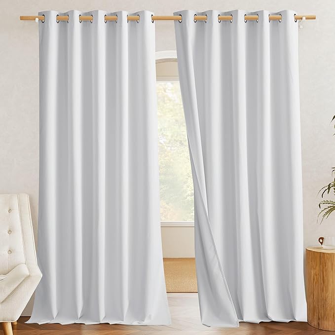 NICETOWN 100% Absolutely Blackout Linen Curtains with Thermal Insulated White Liner, White, W62, 2 Pieces, Noise Reducing Textured Linen Look Curtains for Windows 102 inch Length for Classroom