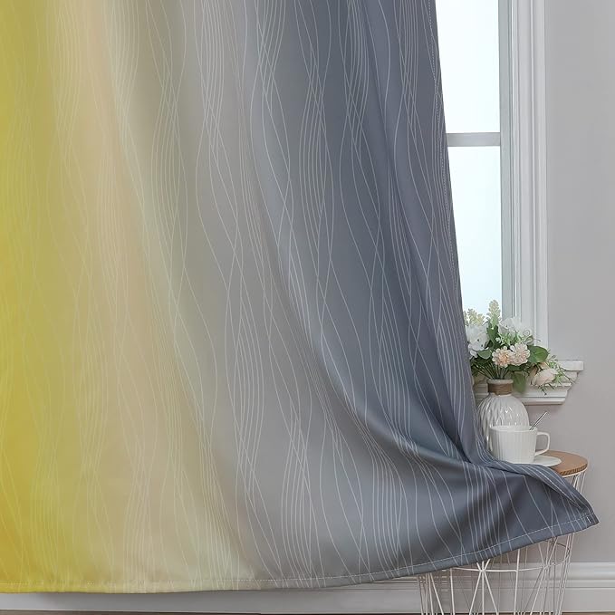 Ombre Gray and Yellow Blackout Curtains 45 Inch Length 2 panels, Full Room Darkening Curtains for Kids Room, Grommet Thermal Insulated Gradient Drapes, Light Blocking Curtains for Bedroom, 52x45 Inch