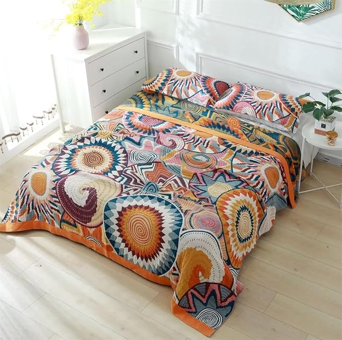 MSGKV Boho Throw Blanket for Bed 60"x80" 100% Cotton Couch Twin Size Blanket Spring Breathable Lightweigh Blankets Home Decor Muslin All Seasons