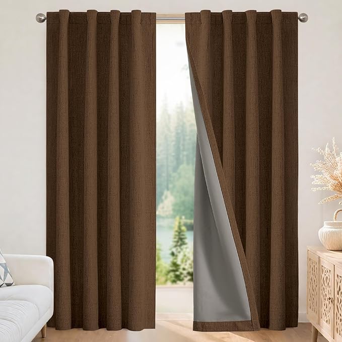 Joydeco Blackout Curtains for Bedroom - 100% Light Blocking 2 Panels Cappuccino Drapes 42" W x 84" L, Thermal Insulated Room Darkening Curtains, Linen Textured for Living Room, Rod Pocket & Back Tabs