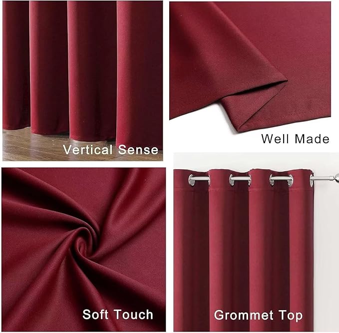 Joydeco Blackout Curtains for Bedroom 72 inch Long 2 Panels, Thermal Insulated Room Darkening Curtains with Grommets, Soft Window Drapes for Living Room (W52 x L72 Inch, Burgundy Red)