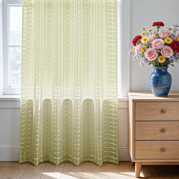 SpaceDresser Check Sheer Curtains 84 Inches 2 Panels Set, Rod Pocket Plaid Window Curtain for Living Room, Sage Green Semi Sheer Drapes for Kitchen Bedroom Children Room Yard（Sage Green, 52W x 84L）