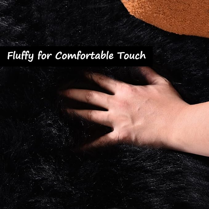 Goolela Black Round Rug 5ft Fluffy Fuzzy Sheepskin Carpet for Bedroom Living Room Black Circle Faux Fur Rug Shaggy Washable