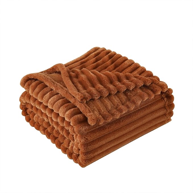 Burnt Orange Fleece Throw Blanket 60”×80” for Couch Sofa Bed,Super Soft Cozy Plush Microfiber Flannel Blanket with Stripes Design Lightweight for Adults,Woman,Girls