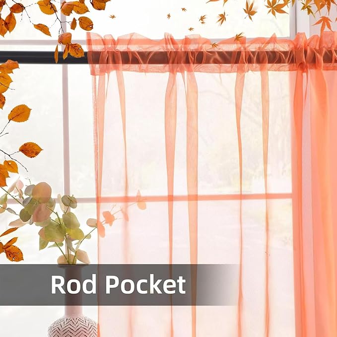 youleyar Solid Sheer Rod Pocket Curtain Voile Draperies 2 Panels White Beige Black Grey Coffee 52 Inch Width 54 Inch Long 1 Pair for Kitchen Bedroom Children Living Room Yard (Orange Red,52Wｘ54L)