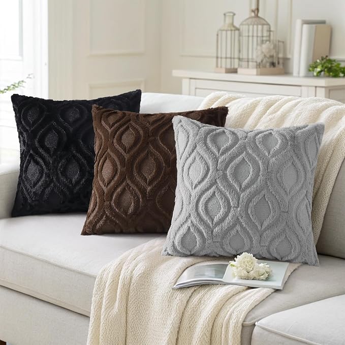 decorUhome Throw Pillow Covers 16x16 Inch Set of 2, Soft Plush Faux Wool Grey Solid Couch Pillow Covers, Accent Farmhouse Neutral Square Pillow Cases for Sofa Bed Living Room