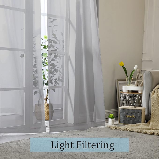 OWENIE Sheer Curtains 90 Inch Length, Elegant Grey Sheer Curtains for Bedroom, Window Voile Sheer Curtain Panels/Drapes/Treatment for Living Room, 2Pcs, Each 42" W x 90" L Inch