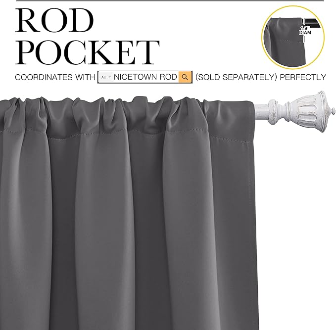 NICETOWN Grey Window Curtains for Bedroom - Home Decoration Thermal Insulated Rod Pocket Blackout Blinds & Drapes for Small Windows (Gray, 2 Panels, W34 x L45 -Inch)