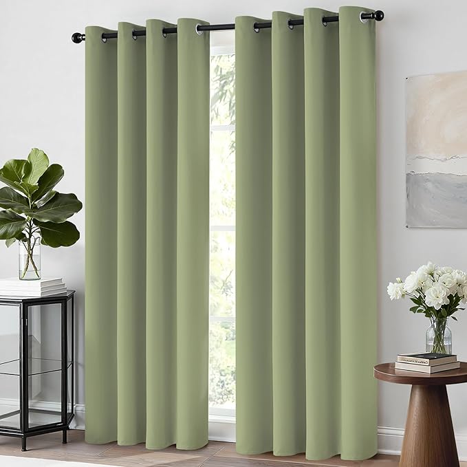 Yakamok Light Blocking Blackout Curtains Thermal Insulated Room Darkening Drapes for Bedroom,Solid Grommet Top Window Drapes, 52x96 Inch, Sage Green, One Pair