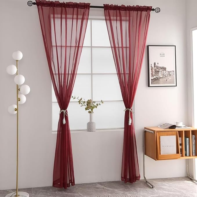 SpaceDresser Burgundy Sheer Curtains 4 Panels Rod Pocket Semi-Sheer Curtain 72 Inches Long Light Filtering Voile Window Drapes for Bedroom Living Room Kitchen, Each 52W x 72L