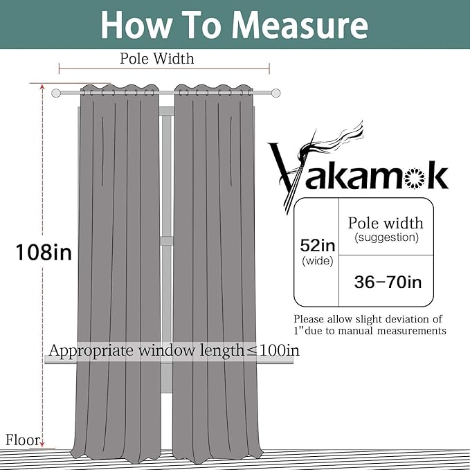 Yakamok 108 Inch Long Blackout Curtains for Bedroom, Thermal Insulated Room Darkening Curtains, Light Blocking Blackout Drapes for Living Room- 2 Panels,52x108 Inch, Charcoal Grey