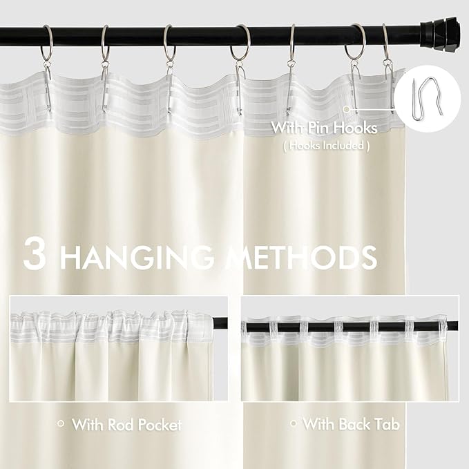 MIULEE Cream Back Tab Blackout Curtains 63 Inch Length 2 Panels Set for Living Room Bedroom Privacy, Rod Pocket/Pinch Pleat Thermal Insulated Room Darkening Pleated Light Blocking Drapes