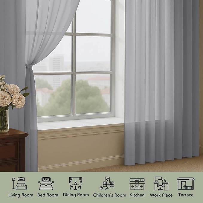 OWENIE Sheer Curtains 84 Inches Long 2 Panels Set, Sheer Grey Curtains for Living Room Bedroom 59 Inch Extra Wide, Modern Voile Filmy Rod Pocket Drapes, 2 Pcs, Each 59 W x 84L, Grey