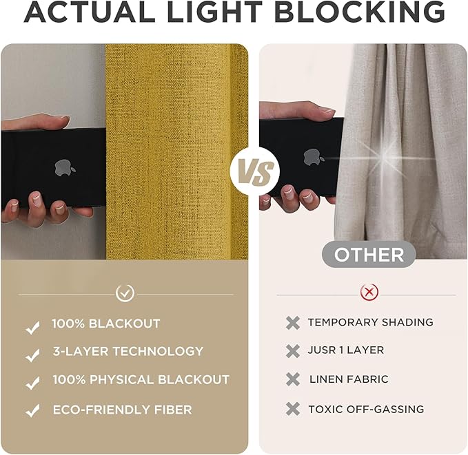 Joydeco Blackout Curtains for Bedroom - 100% Light Blocking 2 Panels Set Yellow Drapes 37" W x 96" L, Thermal Insulated Room Darkening Curtains, Linen Textured for Living Room, Rod Pocket & Back Tabs