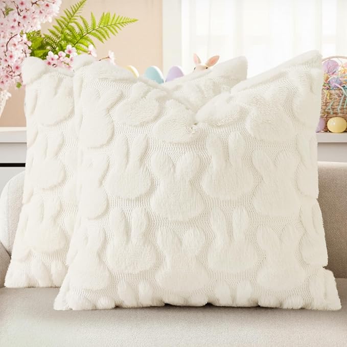 decorUhome Easter Bunny Pillow Covers 20x20 Inch Set of 2, Soft Plush Faux Wool Jacquard Cream White Rabbit Cushion Covers, Farmhouse Neutral Spring Easter Holiday Decor for Couch Sofa Bed