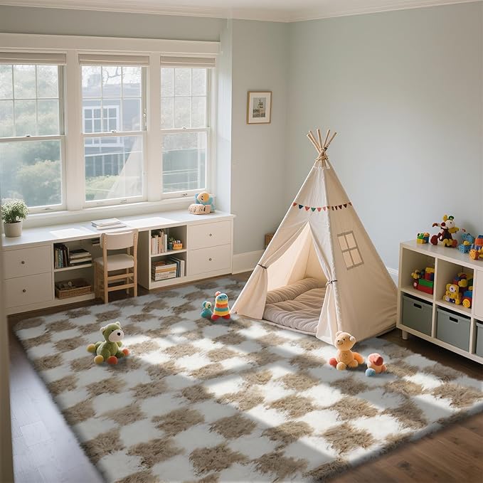 4x6 Checkered Area Rugs for Bedroom, Fluffy Beige and White Checkered Rug Fuzzy Shag Shaggy Carpets for Living Room, Soft Plush Furry Rug for Boy Girls Room Dorm Home Decor