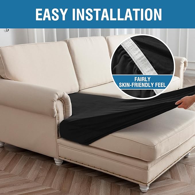 Couch Cover 3-Piece Elastic Velvet Couch Cushion Covers & Chaise Slipcovers for L-Shaped Sofas, Sofa Seat Covers Washable, Soft Cover for Couches (2 Seater + Chaise, Black)