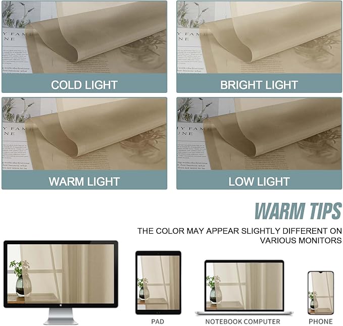 Taupe Small Sheer Curtains 2 Panels Set, Kitchen Curtains 36 Inch Length, Elegant Light Filtering Short Window Drapes for Living Room Bedroom, Dual Rod Pocket Design, 2x42Wx36L Inches