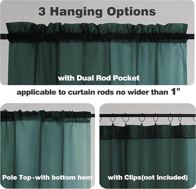 Chyhomenyc Hunter Green Sheer Curtains 36 inch Length 2 Panels, Light Filtering Voile Rod Pocket Short Window Curtians for Bathroom Living Room Farmhouse Small Windows, 42Wx36L inches