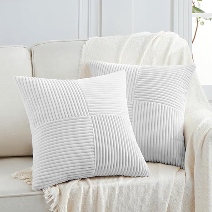 Fancy Homi 2 Packs White Samll Decorative Throw Pillow Covers 14x14 Inch with for Couch Bed Sofa, Rustic Farmhouse Boho Home Decor, Soft Corss Patchwork Corduroy Square Cushion Case 35x35 cm