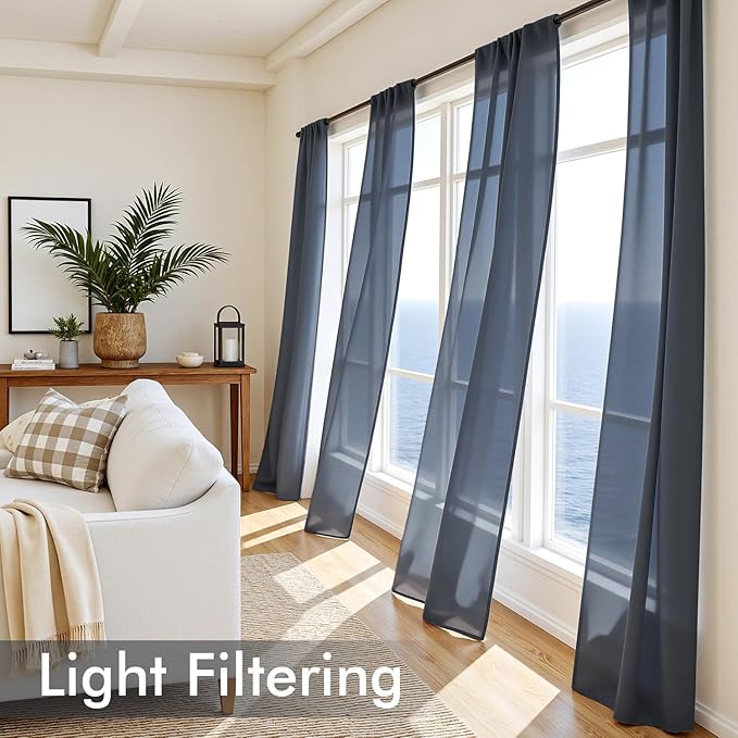 MIULEE Navy Blue Sheer Curtains 63 Inches Long, 4 Panels Set, Light Filtering Rod Pocket Voile Drapes Window Treatments, Semi Transparent Airy Fabric for Bedroom and Living Room, 54 x 63 Inches