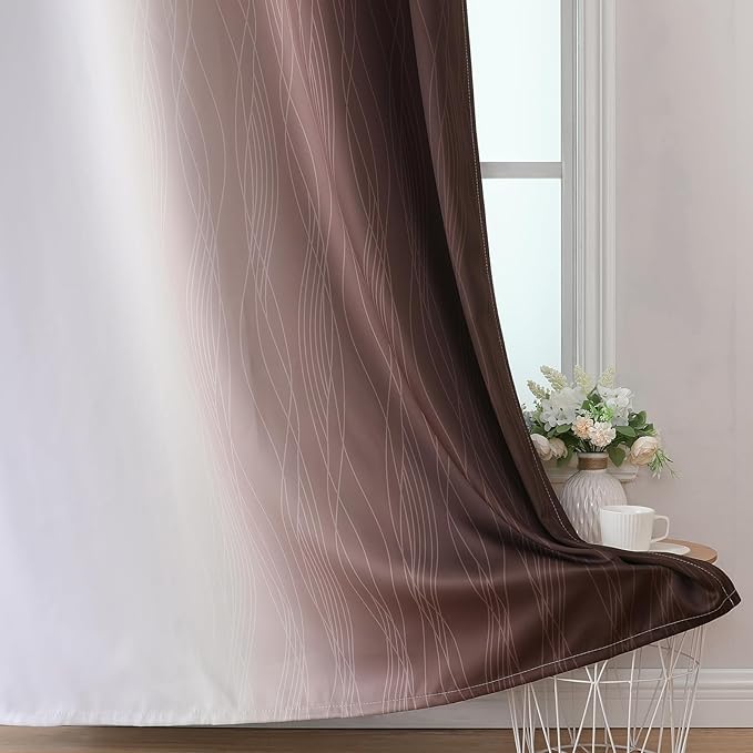 Estelar Textiler Brown and Greyish White Ombre Blackout Curtains 90 Inch Length 2 Panels Set, Thermal Insulated Grommet Drapes for Bedroom,Full Room Darkening Gradient Curtains for Living Room,52Wx90L