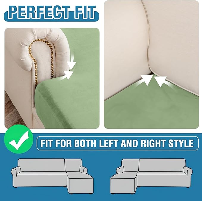 Couch Cover 6-Piece Elastic Velvet Couch Cushion Covers & Chaise Slipcovers for L-Shaped Sofas, Sofa Seat Covers Washable, Soft Cover for Couches (5 Seater + Chaise, Avocado Green)