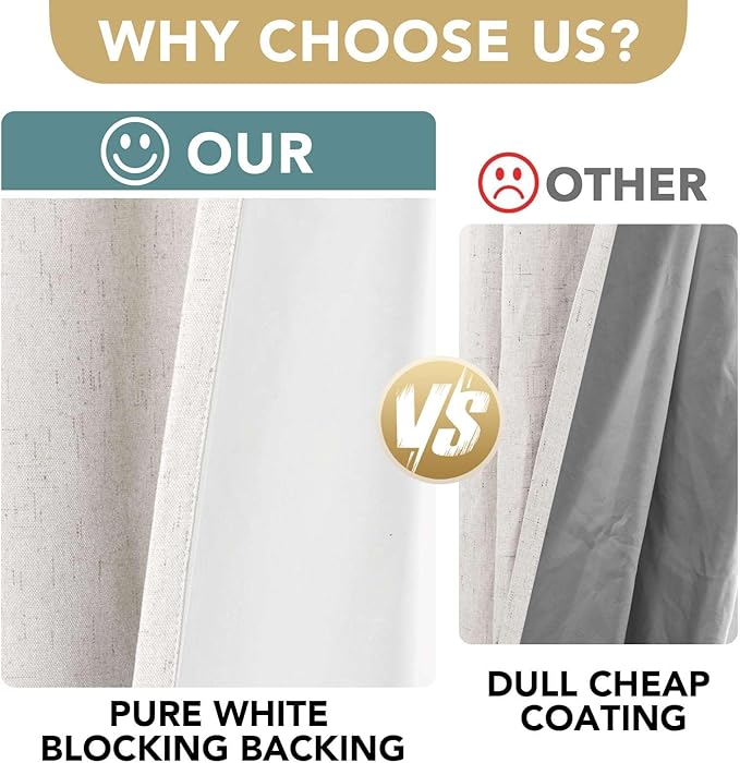 H.VERSAILTEX Linen Blackout Curtains 63 Inches Long 100% Absolutely Blackout Thermal Insulated Textured Linen Look Curtain Draperies Anti-Rust Grommet, Energy Saving with White Liner, 2 Panels, Ivory