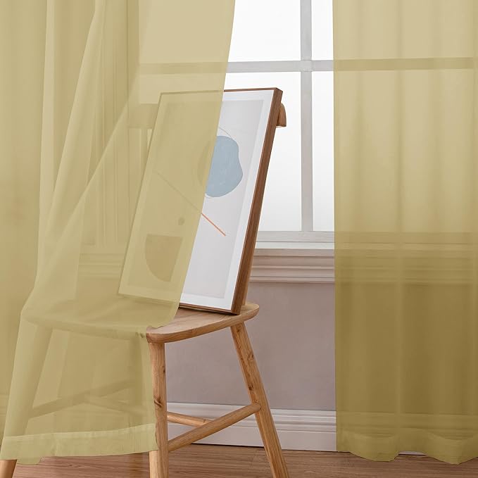 Simplebrand Gold Short Sheer Curtains 45 Inch Length for Small Windows, Rod Pocket 2 Panels Set Solid Voile Drapes Window Sheer Curtains for Bedroom Bathroom Kids Room Kitchen, 42x45 Inch, 2pcs