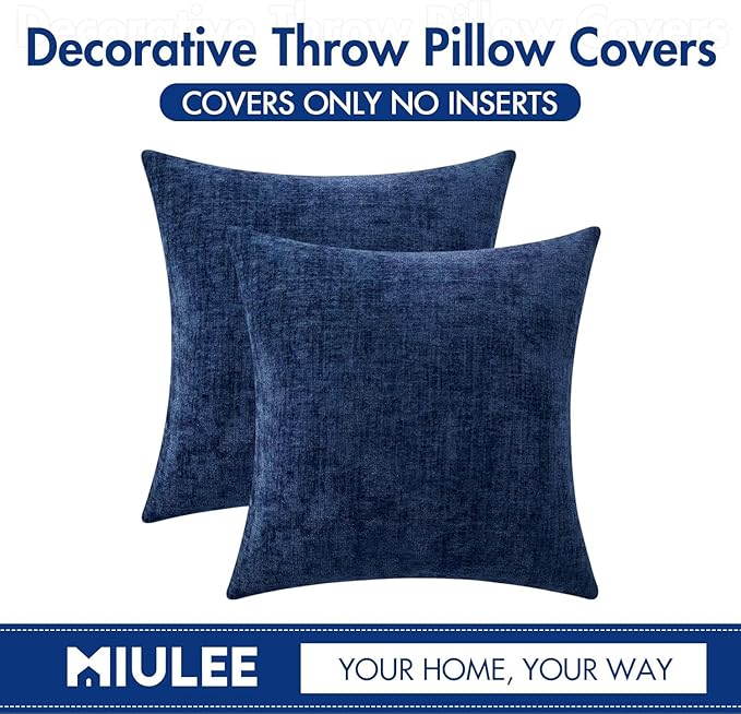 MIULEE Pack of 2 Couch Throw Pillow Covers 18x18 Inch Spring Soft Navy Chenille Pillow Covers for Sofa Living Room Solid Dyed Pillow Cases
