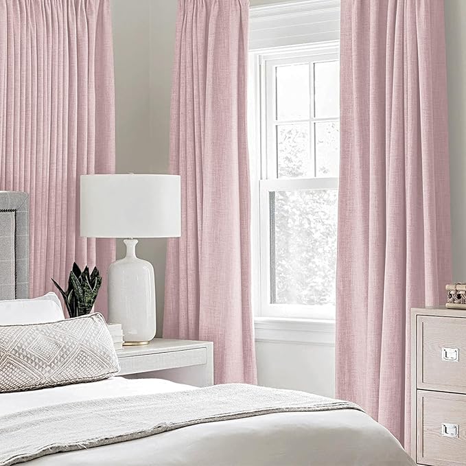 MIULEE Linen Texture Curtains for Bedroom Solid 100% Blackout Thermal Insulated Pink Curtains Grommet Room Darkening Drapes for Living Room Nursery 52x72 Inch (2 Panels)