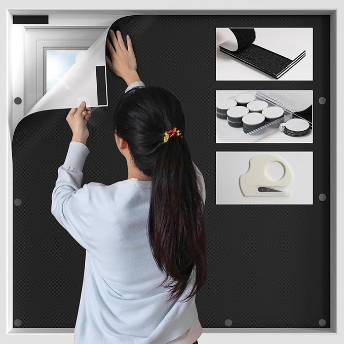 BKSAI 100% Blackout Curtains for Bedroom, Magnetic Portable Blackout Shades for Travel, Black Out Window Cover No Drill Cuttable for Bedroom, Nursery, Media Room, RV, 39x57 inch