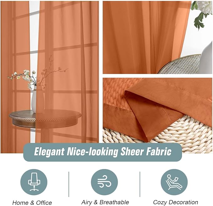 Orange Sheer Curtains for Window 72 inches Long 2 Panels Set, Soft Airy Modern Light Filtering Sheer Curtains for Living Room Bedroom, Dual Rod Pocket Solid Window Drapes, 2x42Wx72L inches