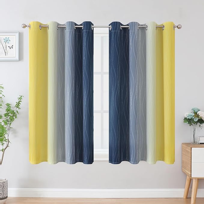 Estelar Textiler Navy Blue and Yellow Blackout Curtains 54 Inch Length, Full Light Blocking Gradient Grommet Drapes for Living Room, Thermal Insulated Ombre Curtains for Bathroom,52Wx54L,2 Panels