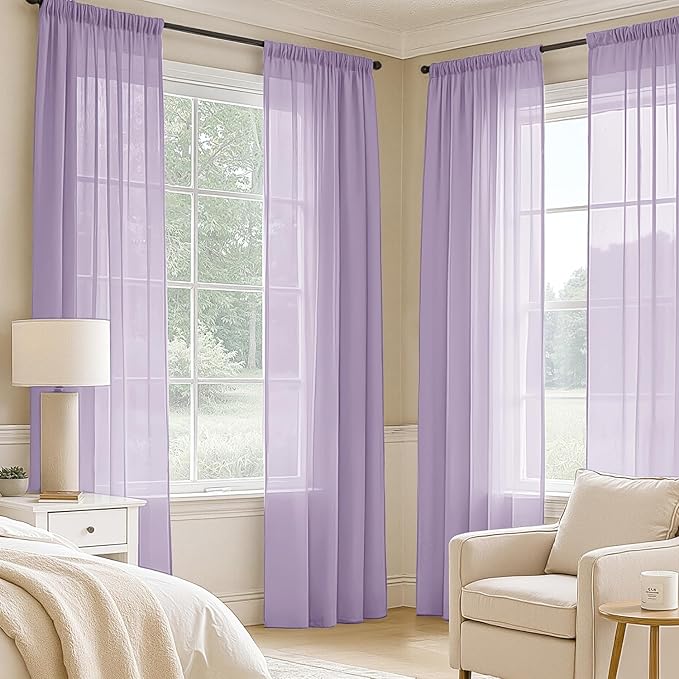 MIULEE Light Purple Sheer Curtains 84 Inches Long, 4 Panels Set, Lavender Light Filtering Rod Pocket Voile Drapes for Living Room and Bedroom, Airy Soft Fabric Window Treatments, 42 x 84 Inches
