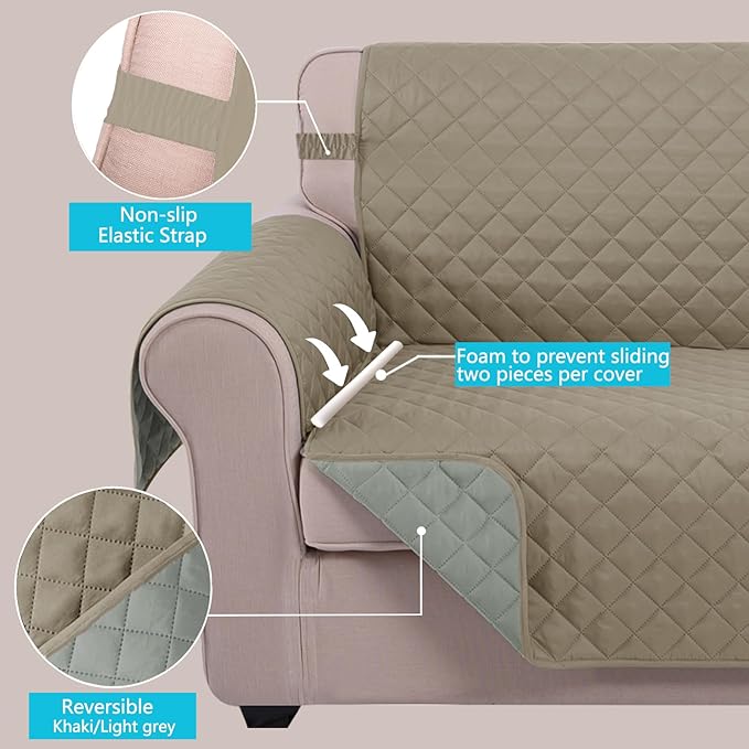 U-NICE HOME Loveseat Sofa Cover Reversible Couch Covers for 2 Cushion Couch for Dogs Furniture Protector Cover with Elastic Straps Water Resistant(Loveseat Small, Khaki/Light Grey)