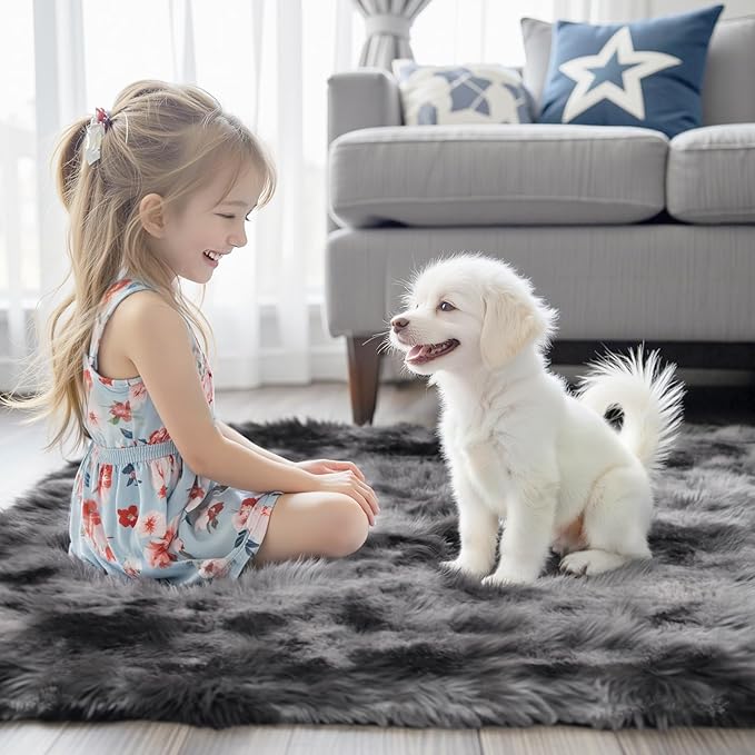 3x5 Rug, Bedside Preppy Dorm Area Rug, College Essentials Grey Small Carpets for Bedroom, Anti Slip Fluffy Gray Living Room Rugs Home Decor Aesthetic(3 x 5, Dark Grey Tie-Dyed)