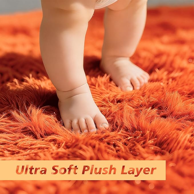 Orange Fluffy Round Rug,Soft Area Rugs for Girls Room,Shaggy Rugs 6'X6' for Living Room,Non Slip Circle Rug for Kids Bedroom,Shag Plush Nursery Carpets,Fuzzy Plush Rug for Dorm,Cute Room Decor Carpet