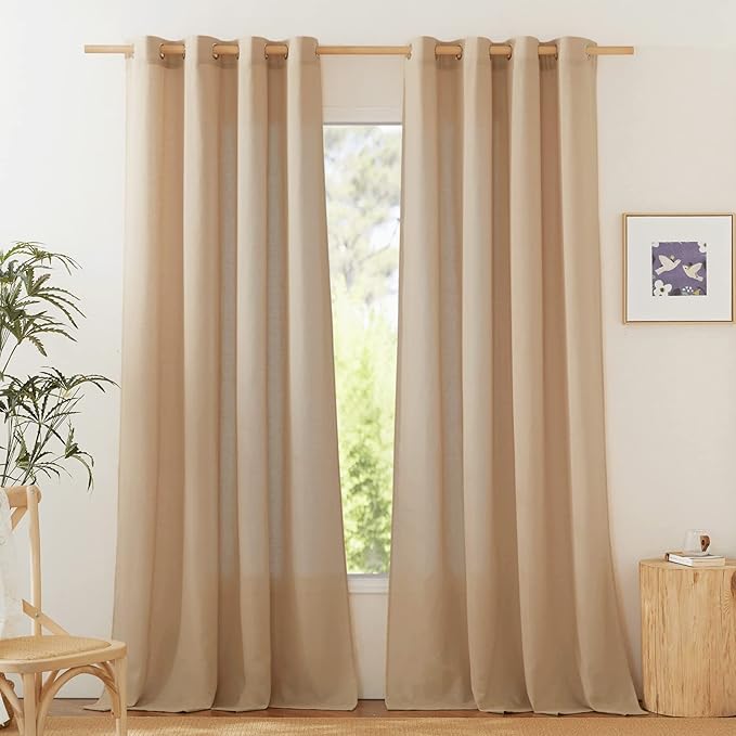 NICETOWN Linen Flax Semi Sheer Curtains 92" Length, Grommet Window Treatments Privacy Added with Light Penetration Vertical Drapes for Loft/Home Office, Camel, W55 x L92, 2 Panels