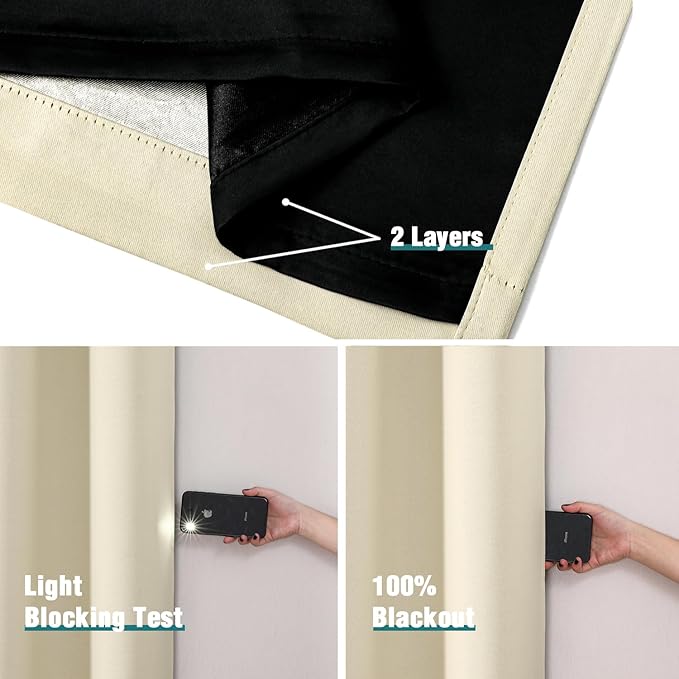 ChrisDowa 100% Blackout Curtains 102 inch Long for Bedroom with Black Liner, 2 Thick Layers Total Blackout Thermal Insulated Grommet Window Curtains 2 Panels Set (Light Beige, 52 x 102 Inch)