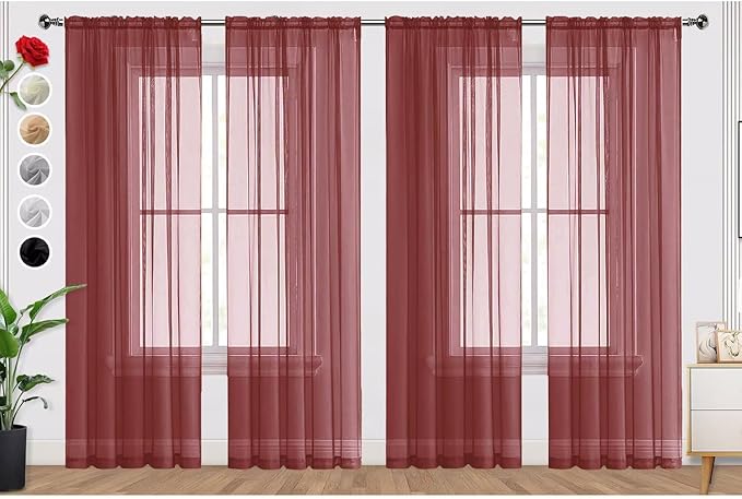 SpaceDresser Burgundy Sheer Curtains 4 Panels Rod Pocket Semi-Sheer Curtain 72 Inches Long Light Filtering Voile Window Drapes for Bedroom Living Room Kitchen, Each 52W x 72L
