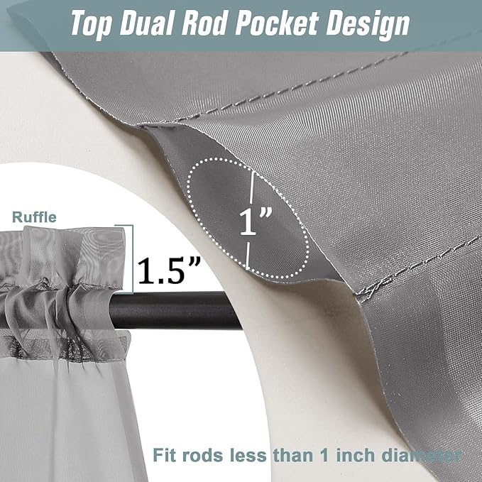 Grey Small Sheer Curtains 2 Panels, Kitchen Curtains 36 Inch Length, Elegant Light Filtering Short Window Drapes for Living Room Bedroom, Dual Rod Pocket, Charcoal Grey, 2x42Wx36L Inches