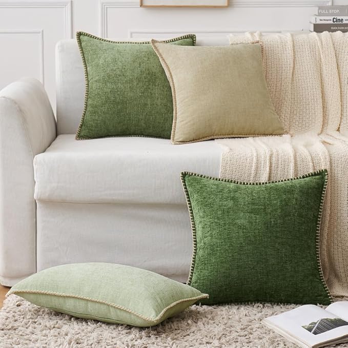 MIULEE Pack of 2 Couch Throw Pillow Covers 24x24 Inch Beige Farmhouse Decorative Pillow Covers with Stitched Edge Soft Chenille Solid Dyed Spring Pillow Covers for Sofa Bed Living Room