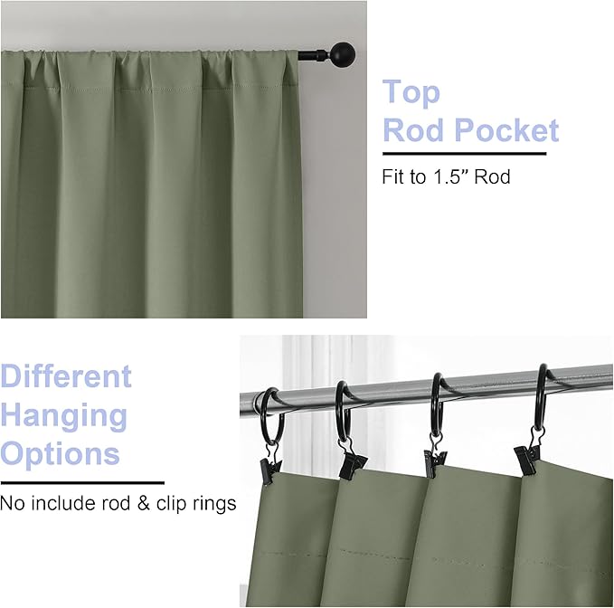 Simplebrand Ava Sage Green Blackout Curtains for Bedroom, 72 Inch Length, 2 Panels Set, Privacy Thermal Insulated Rod Pocket Window Curtains for Patio, French Door, W40 x L72 Inch