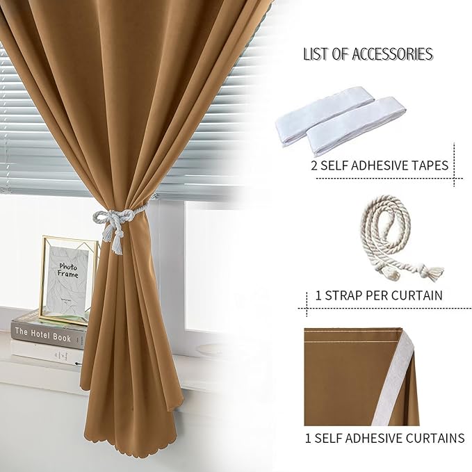 Self Adhesive Curtains, Stick Curtain Blackout Shades Window Cover Curtains for Living Room No Drilling, 47" W X 79" L, Brown, 1 Panel