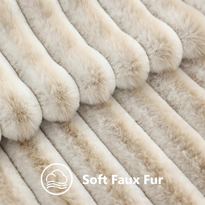 decorUhome Summer Cozy Faux Fur Throw Pillow Covers 26x26 Set of 2 Decorative Plush Striped Modern Farmhouse Boho Couch Euro Sham Pillow Cases with Velvet Back for Sofa Bed Living Room, Beige White