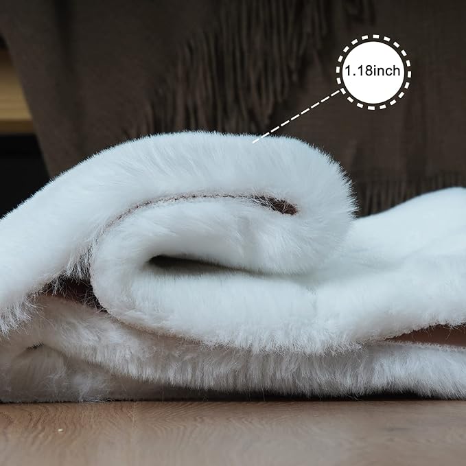 Ghouse Faux Rabbit Fur Round Rug 5 Ft White Round Rugs for Bedroom Decor Fluffy Area Rugs for Living Room, no-Shedding Carpet Sheepskin Washable Rug Rome Decor
