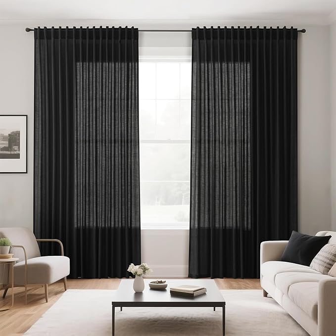 Nanspring Linen Curtains 84 inches Long for Living Room Privacy Sheer Black Simple Modern Curtains Back Tab and Rod Pocket Cotton Textured Curtain for Bedroom Dinner Room 70x84, 2 Panel