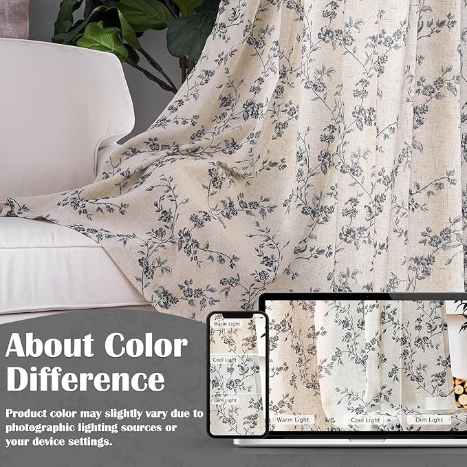 Lazzzy Farmhouse Linen Curtains Black Floral Curtains 96 Inch Length Back Tab Drapes for Living Room Bedroom Light Filtering Country Vintage Rod Pocket Curtain, 2 Panels, Black on Beige