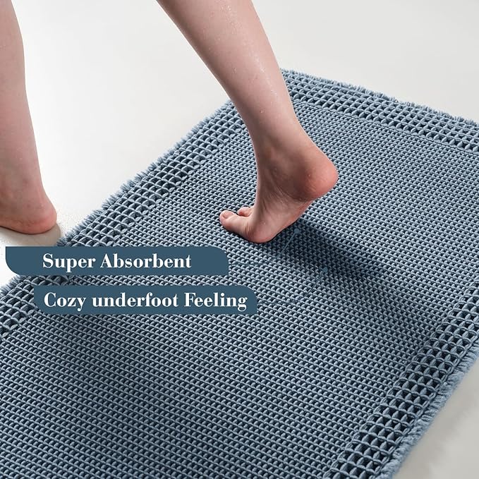 RESARE Waffle Bath Rug for Bath, Super Absorbent Non Slip Machine Washable, Ultra Soft Boho Rug with Tassels, Upgraded Design, 18"x30" Blue